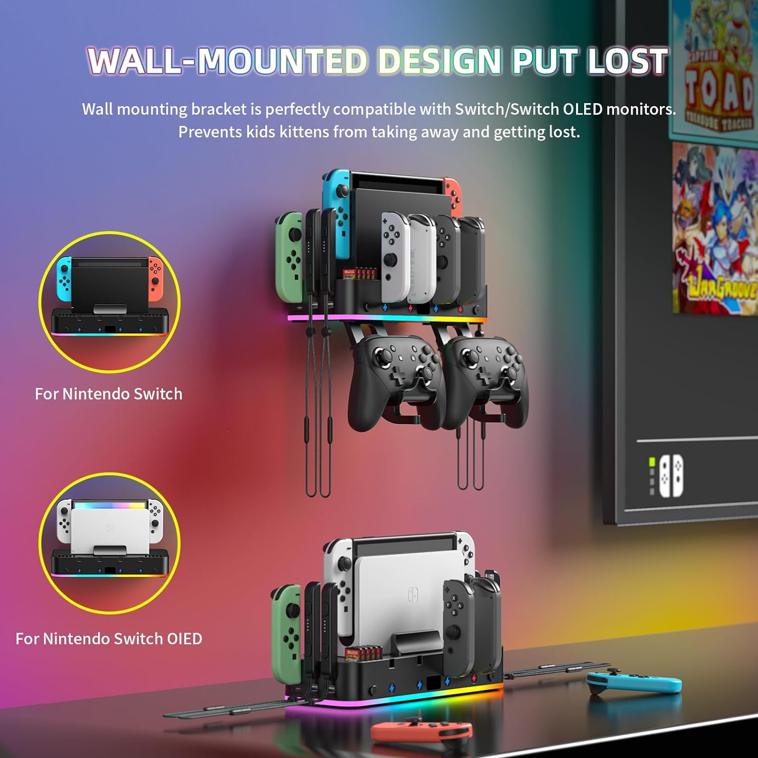 RGB-Switch-Wandhalterung für Joy-Con-Ladegerät, Switch-Halterung für Nintendo Switch/OLED mit Switch-Organizer, Switch-Zubehör mit 15 Lichtmodi, 4 Controller-Ladegerät, 2 USB-Anschlüssen, 10 Kartensteckplätzen